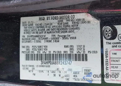 2011 Ford Fusion Sel from USA, damaged, VIN 3FAHP0JA8BR243747